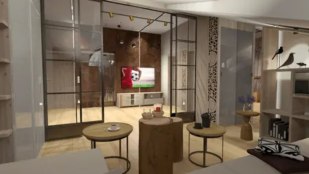 Nowoczesne wnętrze salonu w stylu rustykalnym z drewnianymi meblami i szklanymi ścianami.