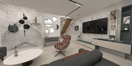 Wnętrze salonu z marmurową ścianą, kolorowym fotelem i minimalistycznym wystrojem. Dopamine decor, industrialny, japandi, minimaluxe, nowoczesny, quiet luxury, współczesny.