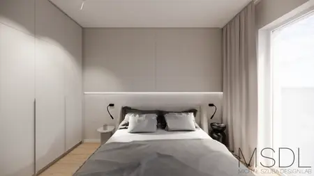 Wnętrze sypialni w stylu japandi z minimalistycznym łóżkiem i szarymi akcentami.