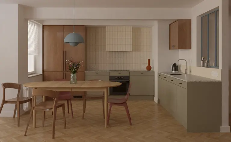 Kuchnia z drewnianymi meblami w stylu dopamine decor i eklektycznym.
