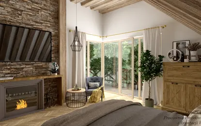 Wnętrze salonu w stylu boho, prowansalskim i rustykalnym z kominkiem.