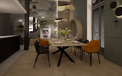 Wnętrze jadalni z nowoczesnym oświetleniem i dodatkami dopamine decor.