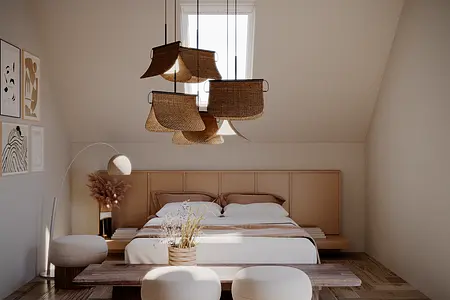 Sypialnia w stylu boho, japandi i minimalistycznym z beżowym łóżkiem i naturalnymi dodatkami.