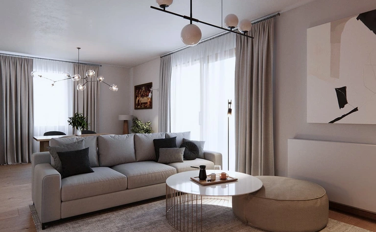 Wnętrze salonu w stylu eklektycznym i minimalistycznym z jasnymi zasłonami oraz nowoczesnym oświetleniem.