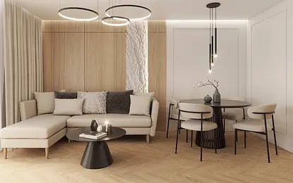 Wnętrze salonu z nowoczesnymi i tradycyjnymi akcentami, beżowa sofa i drewniane elementy.