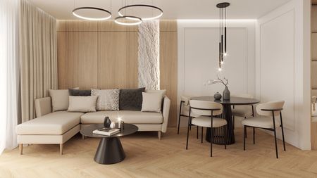 Wnętrze salonu z nowoczesnymi i tradycyjnymi akcentami, beżowa sofa i drewniane elementy.