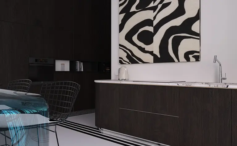 Wnętrze kuchni w stylu art deco i minimalistycznym z ciemnymi meblami.
