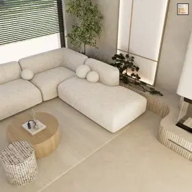 Wnętrze salonu z jasnymi meblami i roślinami, styl minimalistyczny i japandi.