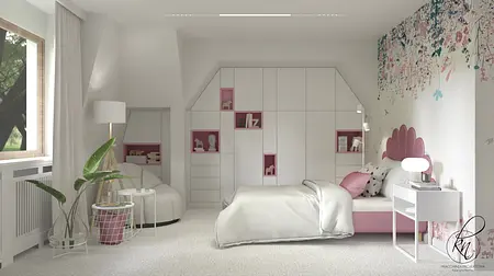 Sypialnia minimalistyczna z białymi meblami i różowymi detalami