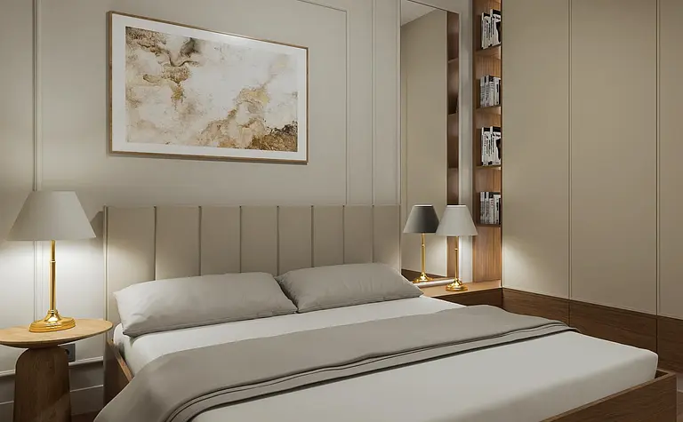 Sypialnia w stylu art deco z beżowym łóżkiem i drewnianymi detalami