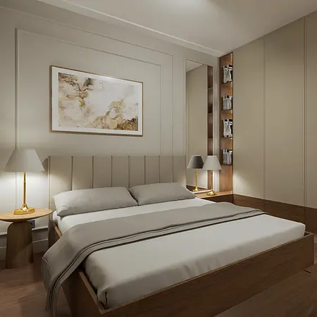 Sypialnia w stylu art deco z beżowym łóżkiem i drewnianymi detalami