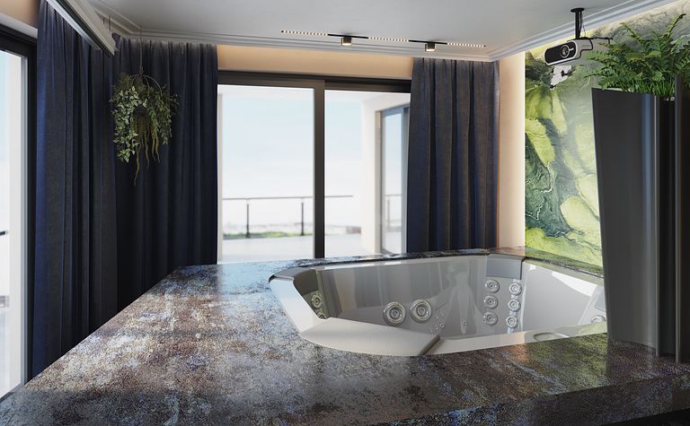 Nowoczesna łazienka z jacuzzi, zasłonami i zieloną ścianą.