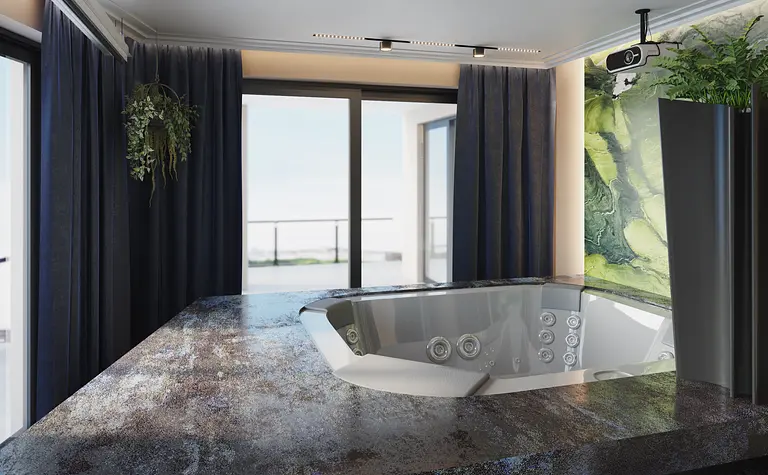 Nowoczesna łazienka z jacuzzi, zasłonami i zieloną ścianą.