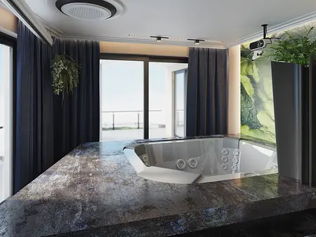 Nowoczesna łazienka z jacuzzi, zasłonami i zieloną ścianą.