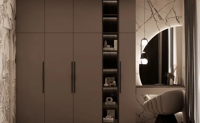 Minimalistyczna garderoba z szafą, biurkiem i nowoczesnym oświetleniem w stylu quiet luxury.