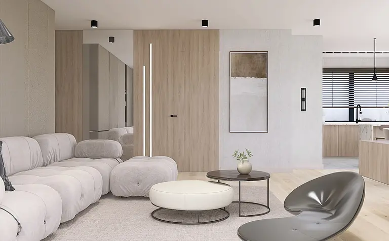 Nowoczesny salon z jasnymi meblami i drewnianymi elementami, przytulna przestrzeń do relaksu.