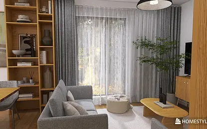 Wnętrze salonu w stylu japandi i skandynawskim z szarymi zasłonami i drewnianymi meblami.