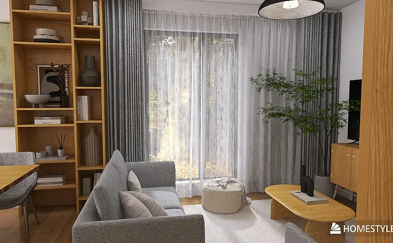 Wnętrze salonu w stylu japandi i skandynawskim z szarymi zasłonami i drewnianymi meblami.