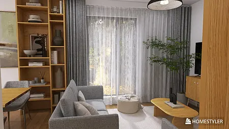 Wnętrze salonu w stylu japandi i skandynawskim z szarymi zasłonami i drewnianymi meblami.
