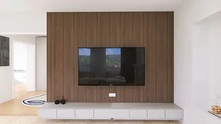 Wnętrze salonu z minimalistycznym wystrojem, nowoczesnym telewizorem i drewnianą ścianą.