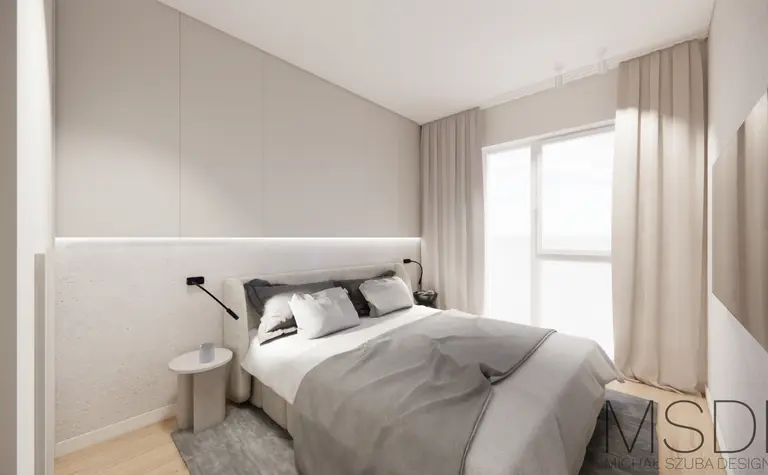 Wnętrze sypialni w stylu boho, minimalistycznym, skandynawskim z szarymi ścianami.