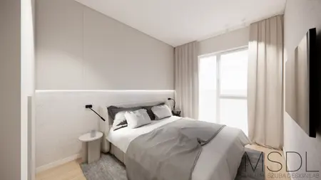 Wnętrze sypialni w stylu boho, minimalistycznym, skandynawskim z szarymi ścianami.