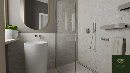 Wnętrze łazienki z białym umywalką i szarymi płytkami, minimalistyczny, nowoczesny, współczesny