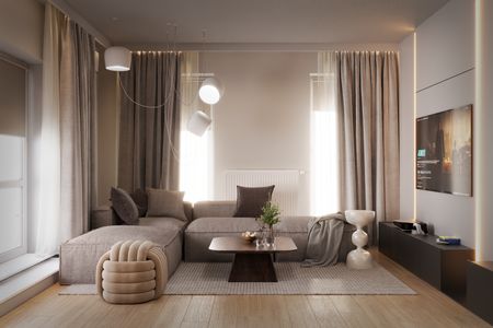 Minimalistyczny salon z beżową sofą, szarymi zasłonami i drewnianym stolikiem.