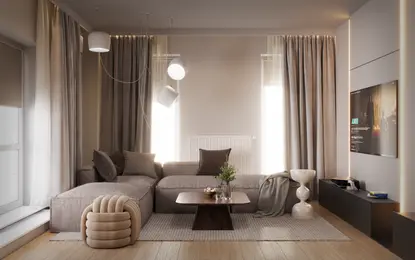Minimalistyczny salon z beżową sofą, szarymi zasłonami i drewnianym stolikiem.