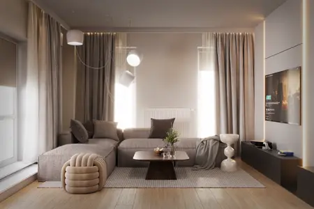 Minimalistyczny salon z beżową sofą, szarymi zasłonami i drewnianym stolikiem.