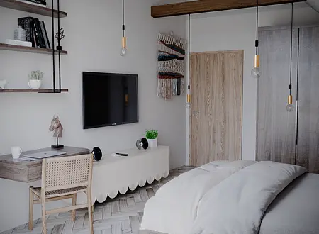 Sypialnia w stylu boho, japandi i minimalistycznym z jasnymi meblami