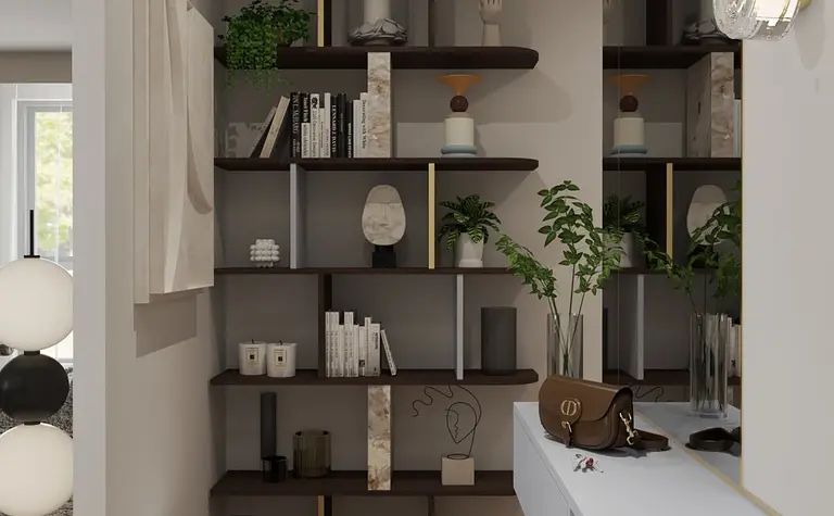 Wnętrze przedpokoju z nowoczesnymi półkami, roślinami i dekoracjami.