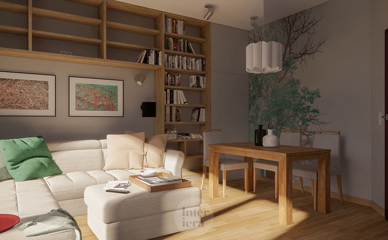 Wnętrze salonu w stylu eklektycznym, nowoczesnym z drewnianym stołem i jasnymi meblami.