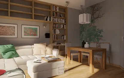 Wnętrze salonu w stylu eklektycznym, nowoczesnym z drewnianym stołem i jasnymi meblami.