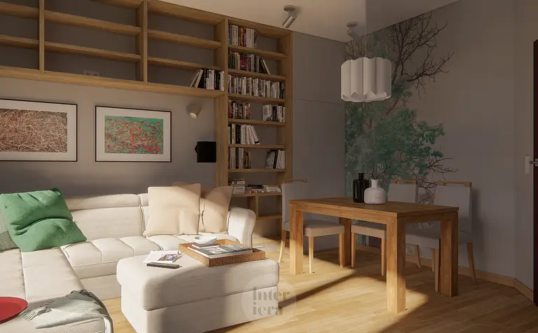 Wnętrze salonu w stylu eklektycznym, nowoczesnym z drewnianym stołem i jasnymi meblami.