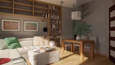 Wnętrze salonu w stylu eklektycznym, nowoczesnym z drewnianym stołem i jasnymi meblami.