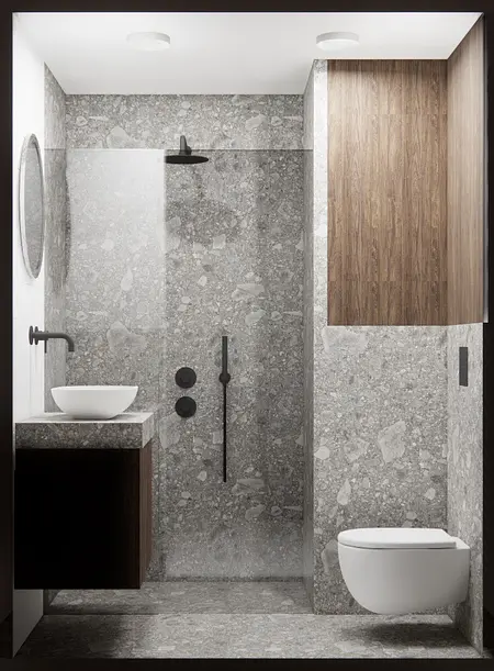 Nowoczesna łazienka z szarym wykończeniem kamiennym i drewnianymi elementami, minimalistyczny design.