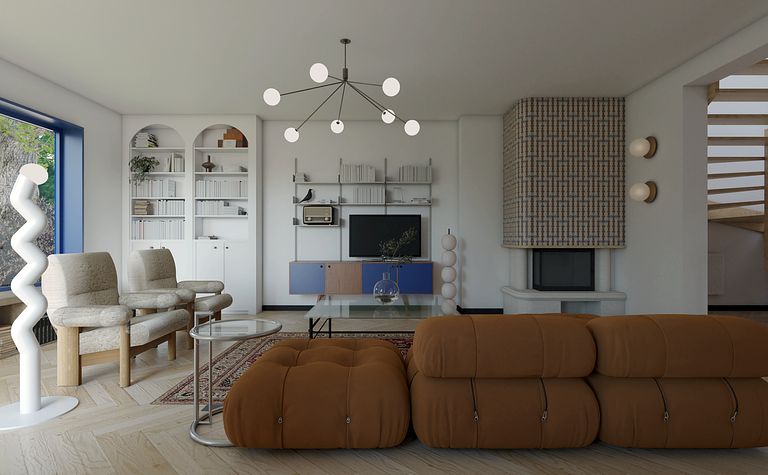 Wnętrze salonu w stylu art deco i eklektycznym z brązową sofą i białymi meblami.