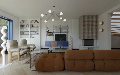 Wnętrze salonu w stylu art deco i eklektycznym z brązową sofą i białymi meblami.