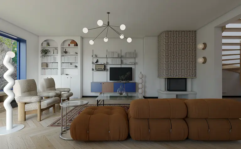 Wnętrze salonu w stylu art deco i eklektycznym z brązową sofą i białymi meblami.