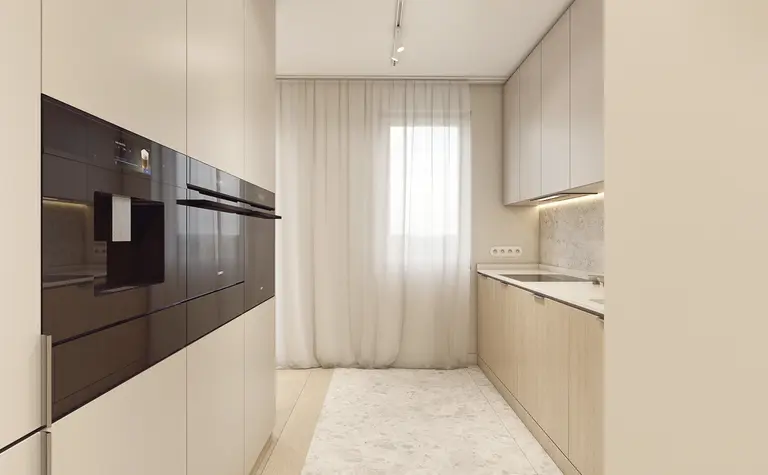 Wnętrze kuchni w stylu japandi, minimalistycznym z drewnianym blatem