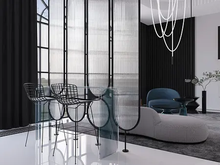 Nowoczesne wnętrze w stylu art deco z czarnymi zasłonami i eleganckimi meblami.