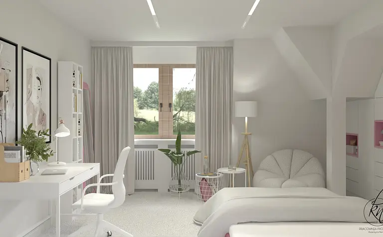 Wnętrze minimalistycznego pokoju z białymi meblami, różowymi detalami i dużym oknem.