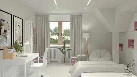 Wnętrze minimalistycznego pokoju z białymi meblami, różowymi detalami i dużym oknem.