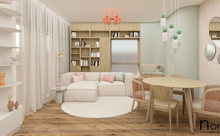 Wnętrze salonu w stylach art deco, boho, eklektycznym, minimalistycznym, skandynawskim.