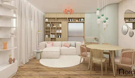 Wnętrze salonu w stylach art deco, boho, eklektycznym, minimalistycznym, skandynawskim.