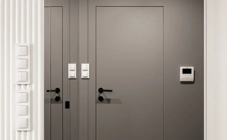 Przedpokój z szarymi ścianami, białymi akcentami i drewnianą podłogą w stylu współczesnym.
