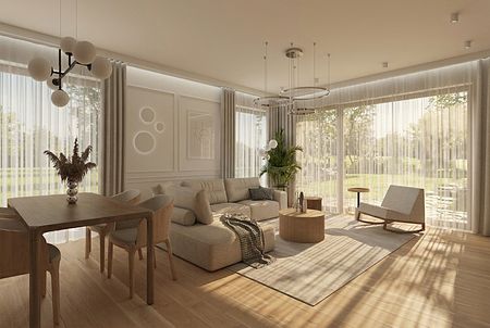 Wnętrze salonu w stylu japandi i minimalistycznym z beżową sofą i drewnianymi akcentami.