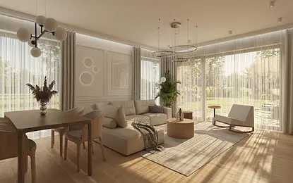 Wnętrze salonu w stylu japandi i minimalistycznym z beżową sofą i drewnianymi akcentami.