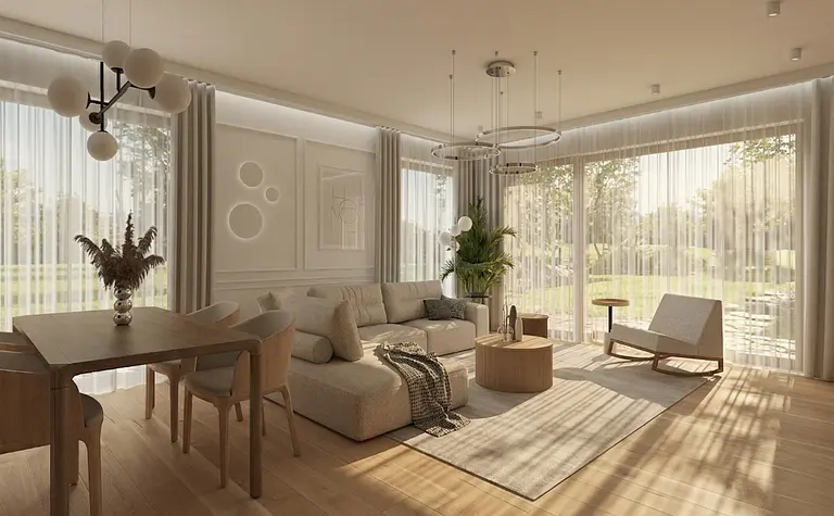 Wnętrze salonu w stylu japandi i minimalistycznym z beżową sofą i drewnianymi akcentami.